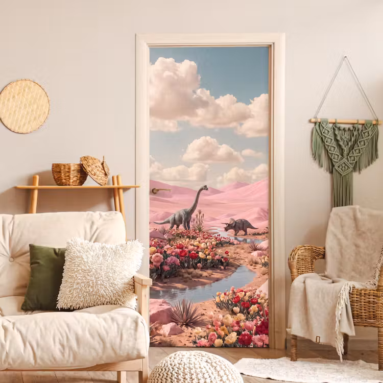 Türtapete - Dinosaurier – Rosa – Landschaft - Dinosaurus - Roze - Landschap deurposter klein