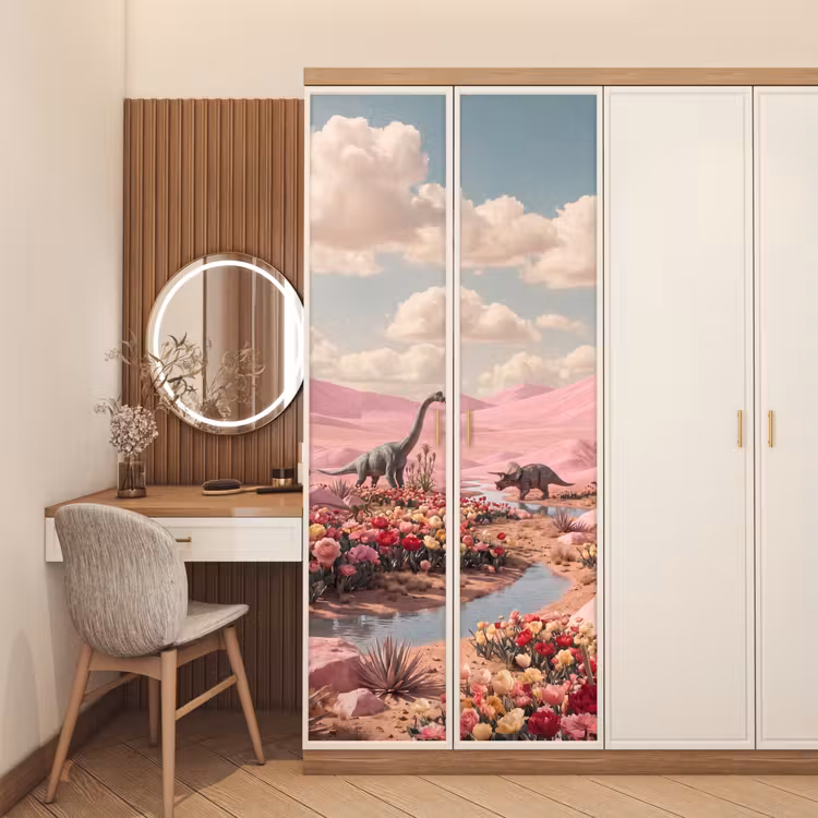Türtapete - Dinosaurier – Rosa – Landschaft - Dinosaurus - Roze - Landschap deurposter klein