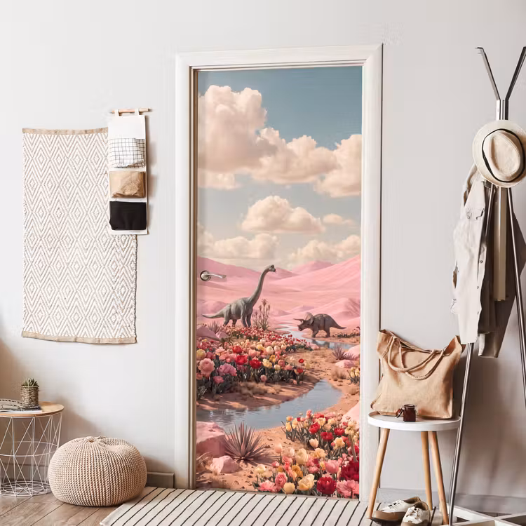 Türtapete - Dinosaurier – Rosa – Landschaft - Dinosaurus - Roze - Landschap deurposter klein