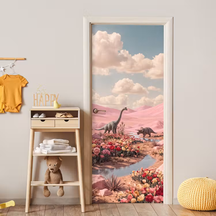 Türtapete - Dinosaurier – Rosa – Landschaft - Dinosaurus - Roze - Landschap deurposter klein