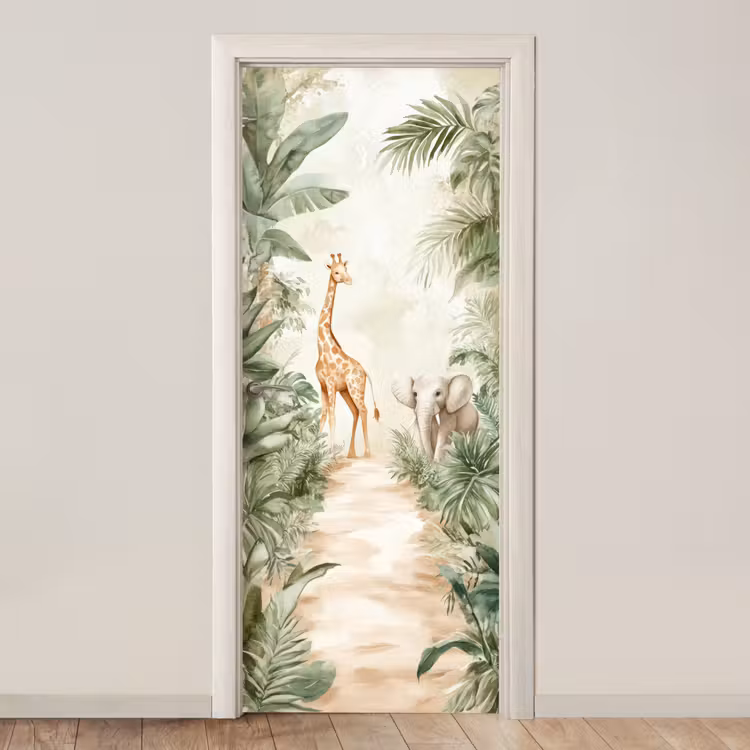 Jungle - Giraf - Olifant - Groen - Natuur deurposter klein -3d_beige