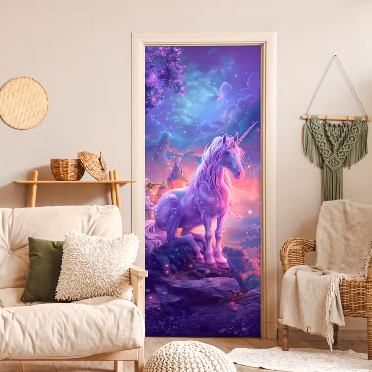 Eenhoorn - Fantasy - Kasteel - Meisje - Paars - Roze deurposter klein -sfeer2