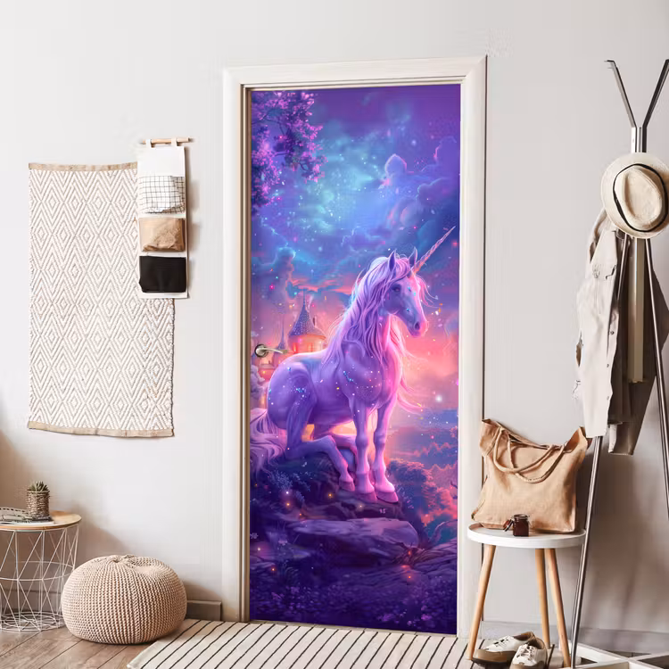 Eenhoorn - Fantasy - Kasteel - Meisje - Paars - Roze deurposter klein -sfeer6