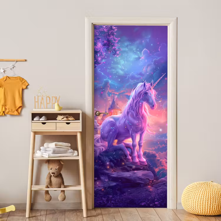 Eenhoorn - Fantasy - Kasteel - Meisje - Paars - Roze deurposter klein -sfeer4