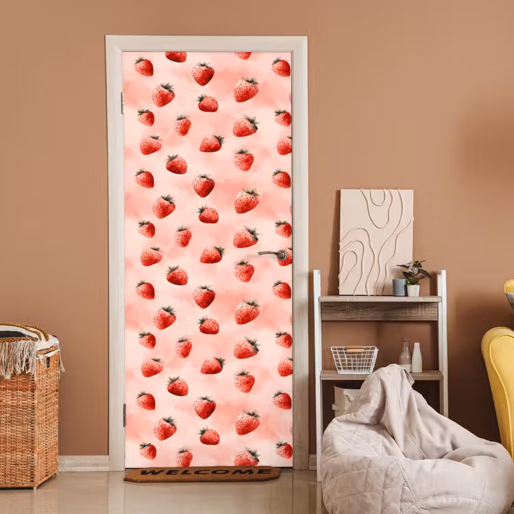 Aardbei - Patroon - Roze deurposter klein 289 -sfeer1