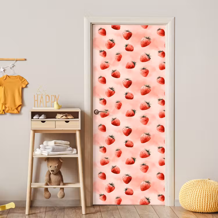 Aardbei - Patroon - Roze deurposter klein 289 -sfeer4