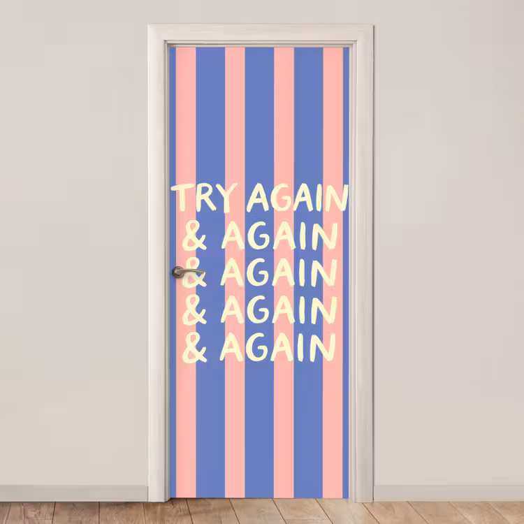 Try again - Strepen - Roze - Verticaal - Blauw deurposter klein -3d_beige