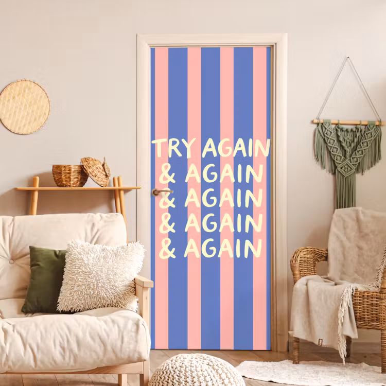 Try again - Strepen - Roze - Verticaal - Blauw deurposter klein -sfeer2