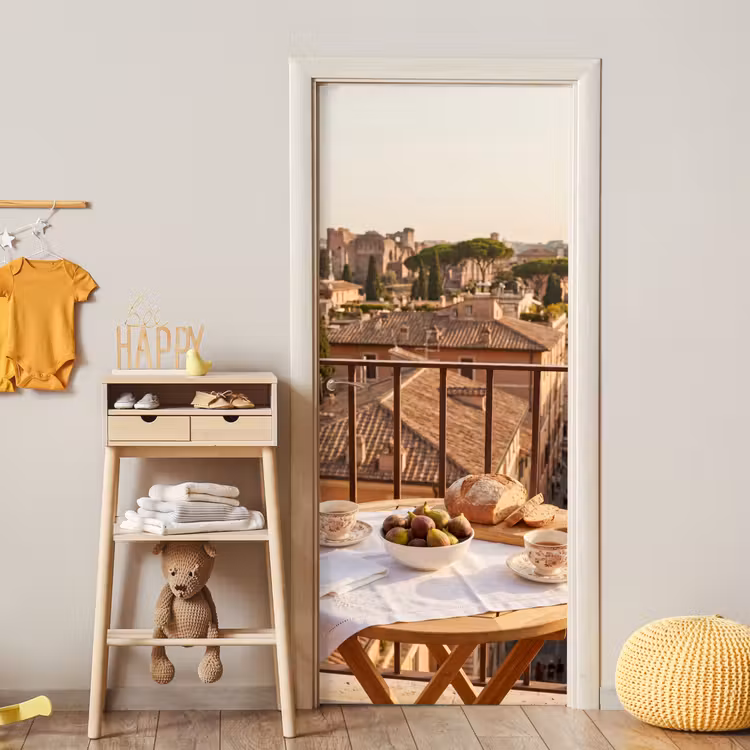 Eten - Ontbijt - Balkon - Stad - Zonsopgang deurposter klein -sfeer4