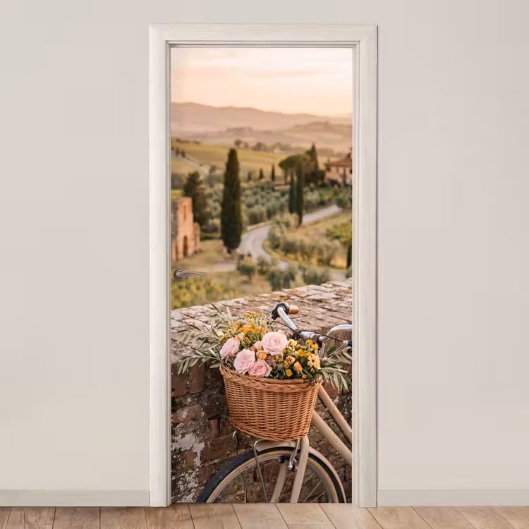 Fiets - Bloemen - Toscane - Landschap - Roze deurposter klein -3d_beige