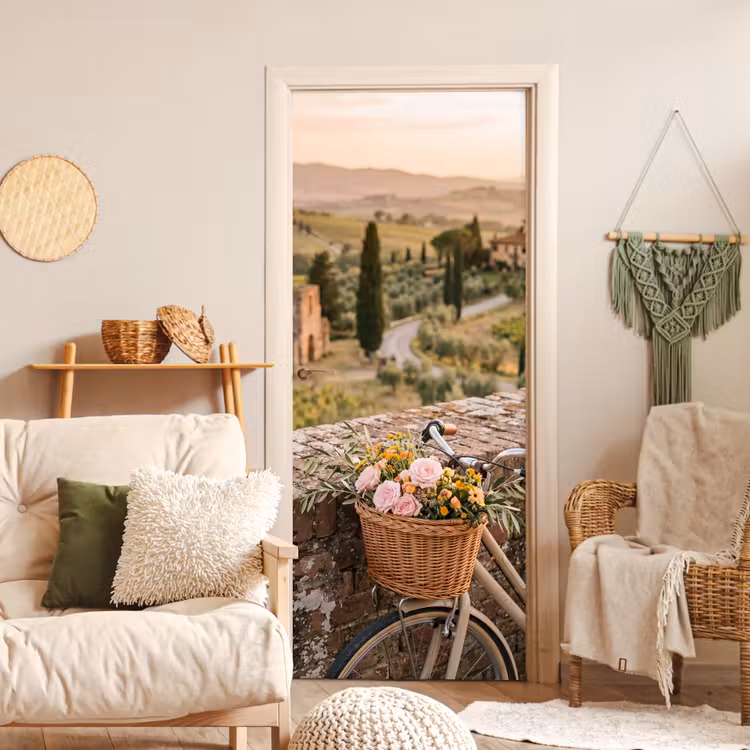 Fiets - Bloemen - Toscane - Landschap - Roze deurposter klein -sfeer2