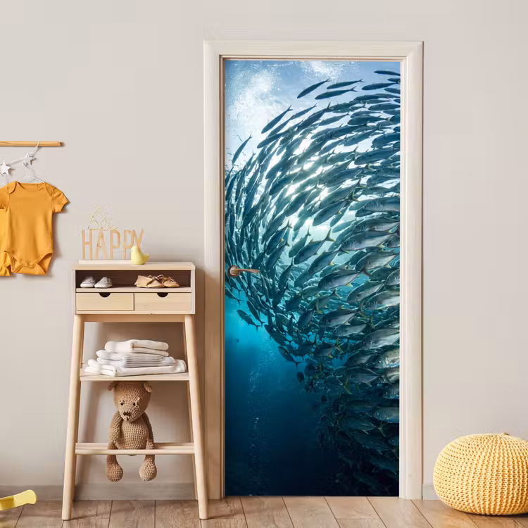Vis - School - Oceaan - Natuur - Blauw deurposter klein -sfeer4