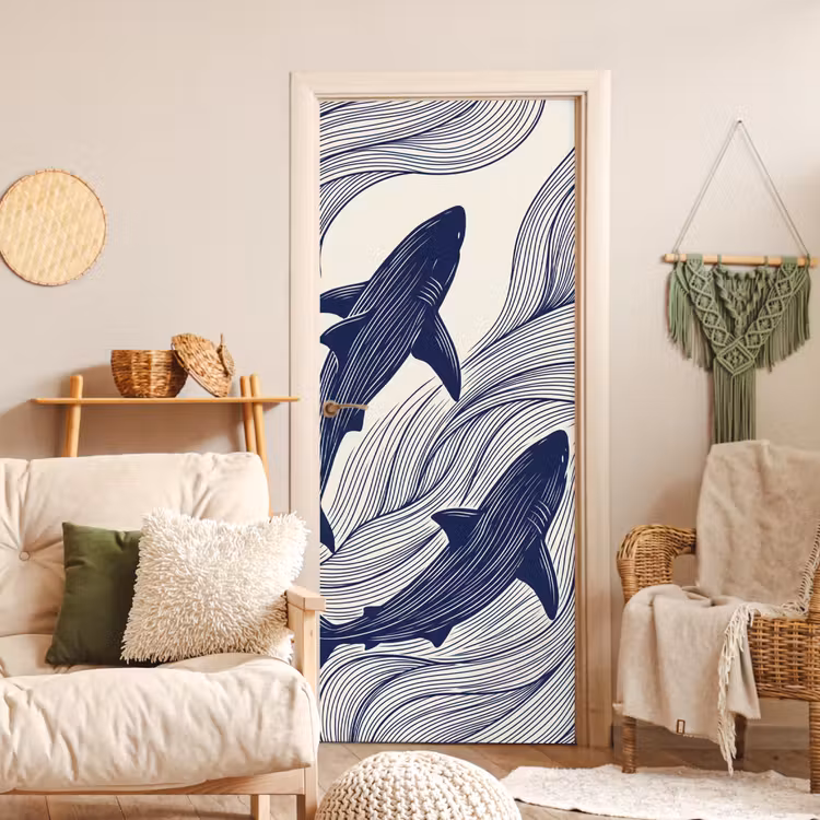Vis - Oceaan - Lijntekening - Blauw - Dieren deurposter klein -sfeer2