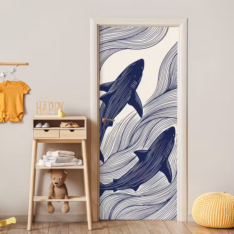 Vis - Oceaan - Lijntekening - Blauw - Dieren deurposter klein -sfeer4