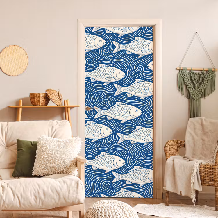 Vis - Water - Patroon - Grafisch - Blauw deurposter klein -sfeer2