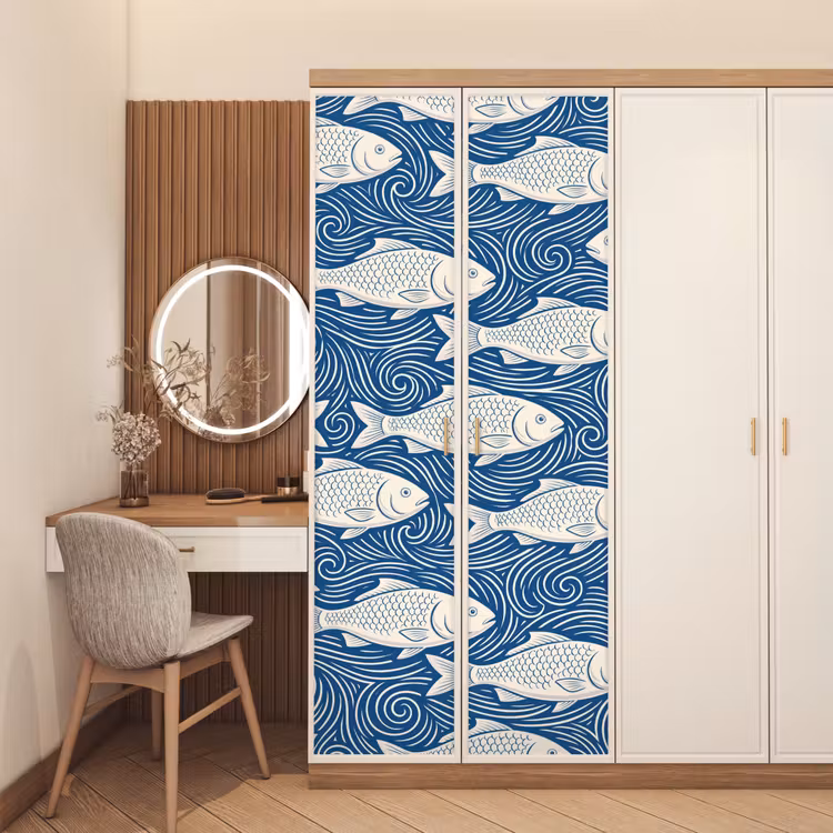 Vis - Water - Patroon - Grafisch - Blauw deurposter klein -sfeer3