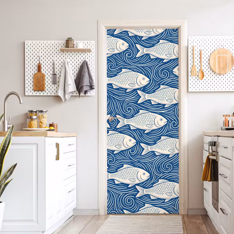 Vis - Water - Patroon - Grafisch - Blauw deurposter klein -sfeer5