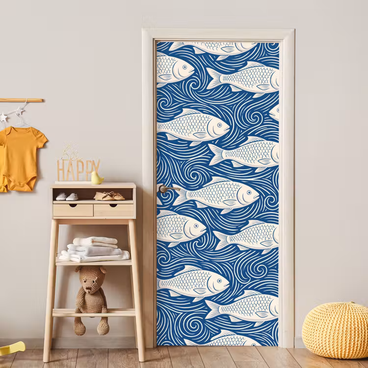 Vis - Water - Patroon - Grafisch - Blauw deurposter klein -sfeer4