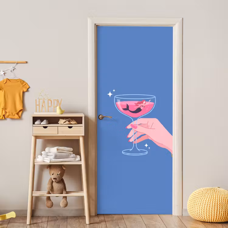 Vrouw - Glas - Abstract - Roze - Blauw deurposter klein -sfeer4