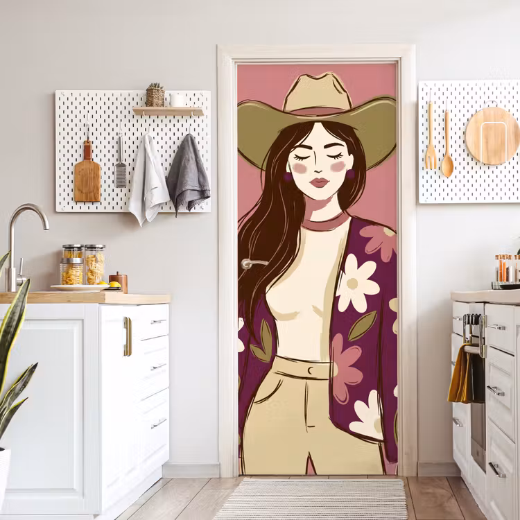Vrouw - Hoed - Portret - Illustratie - Roze deurposter klein -sfeer5