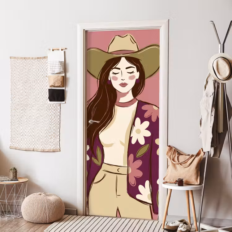 Vrouw - Hoed - Portret - Illustratie - Roze deurposter klein -sfeer6