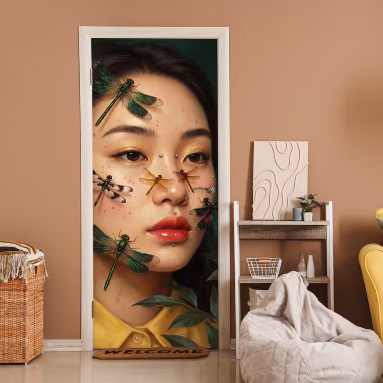 Vrouw - Insecten - Natuur - Portret - Groen deurposter klein -sfeer1