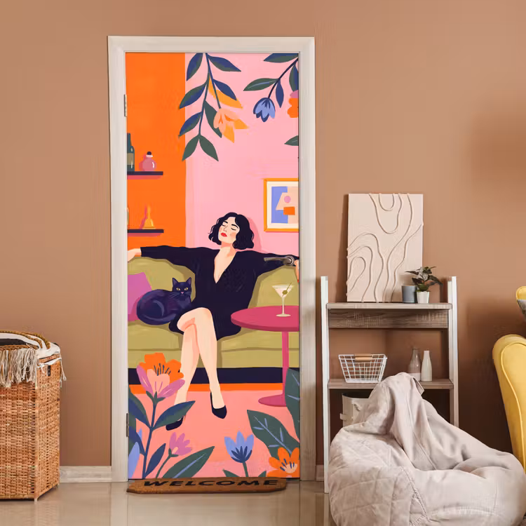 Vrouw - Kat - Interieur - Modern - Kleurrijk deurposter klein -sfeer1