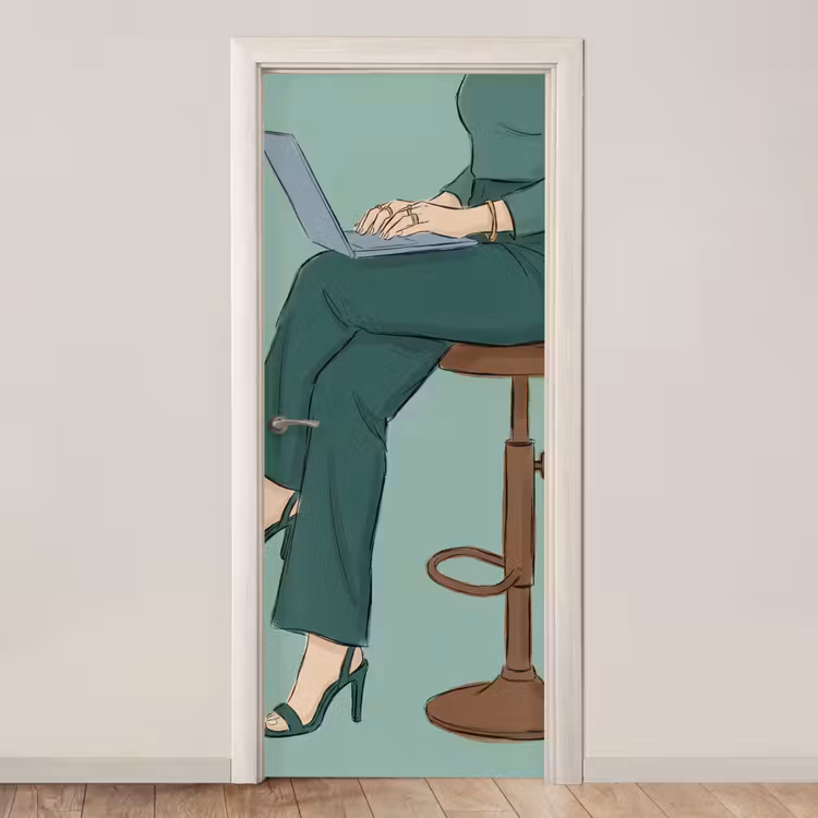 Vrouw - Laptop - Zittend - Illustratie - Groen deurposter klein -3d_beige