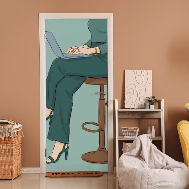 Vrouw - Laptop - Zittend - Illustratie - Groen deurposter klein -sfeer1
