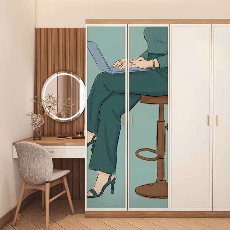 Vrouw - Laptop - Zittend - Illustratie - Groen deurposter klein -sfeer3