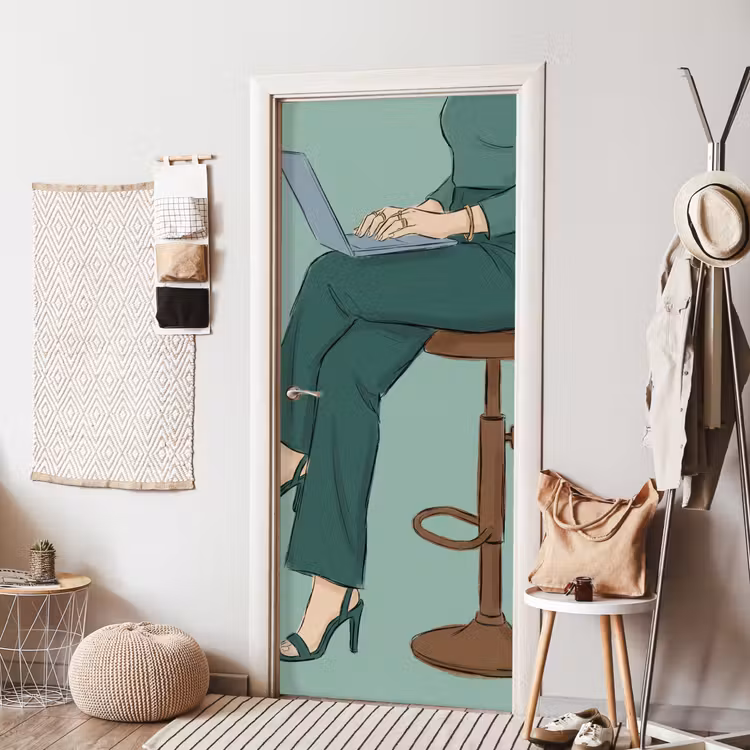 Vrouw - Laptop - Zittend - Illustratie - Groen deurposter klein -sfeer6