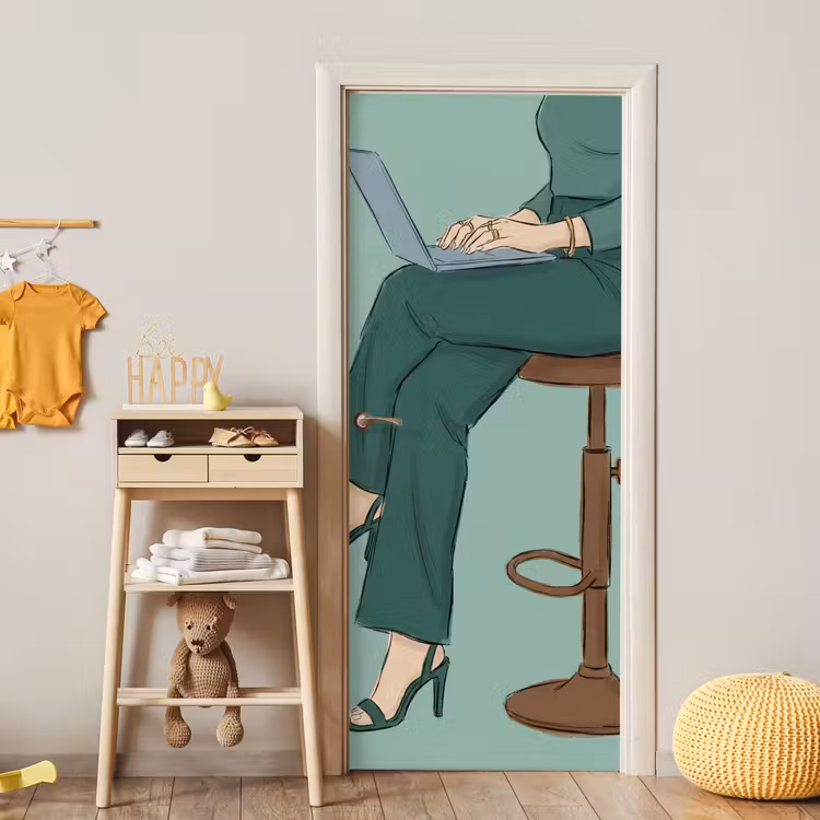 Vrouw - Laptop - Zittend - Illustratie - Groen deurposter klein -sfeer4