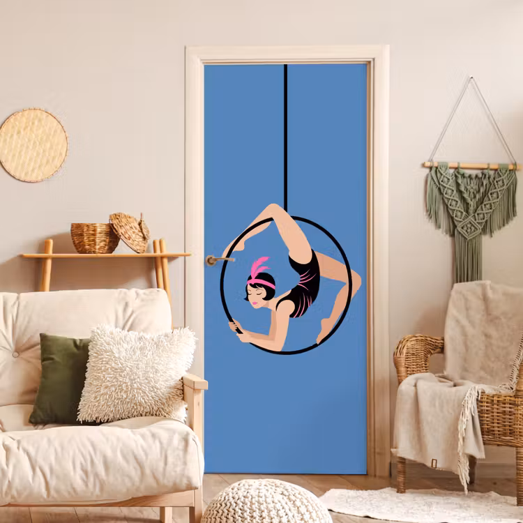Vrouw - Aerial hoop - Art deco - Illustratie - Blauw deurposter klein -sfeer2