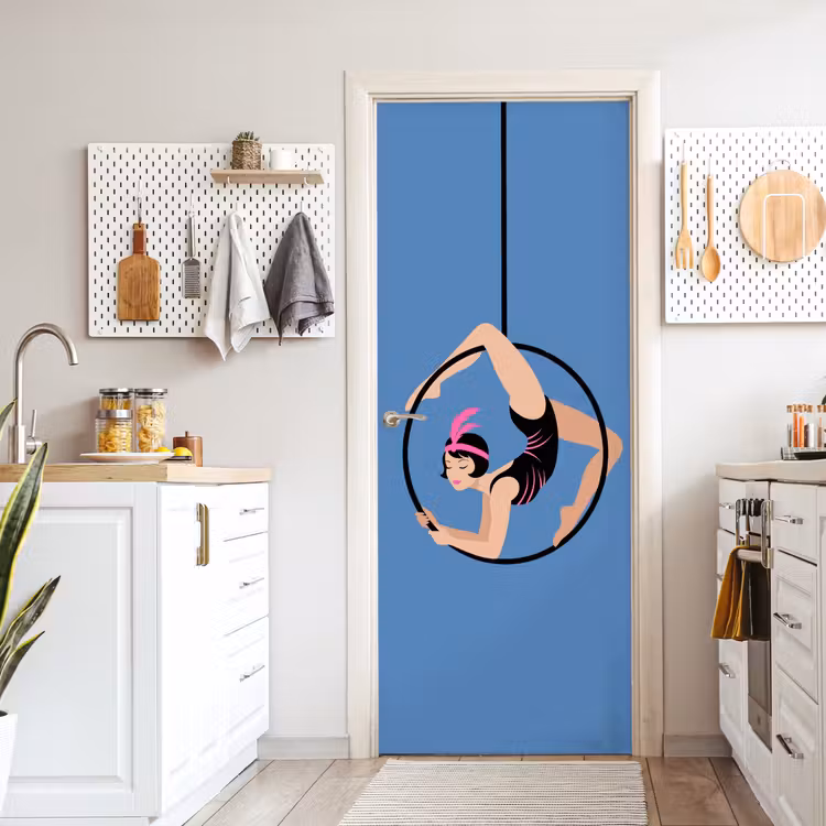 Vrouw - Aerial hoop - Art deco - Illustratie - Blauw deurposter klein -sfeer5