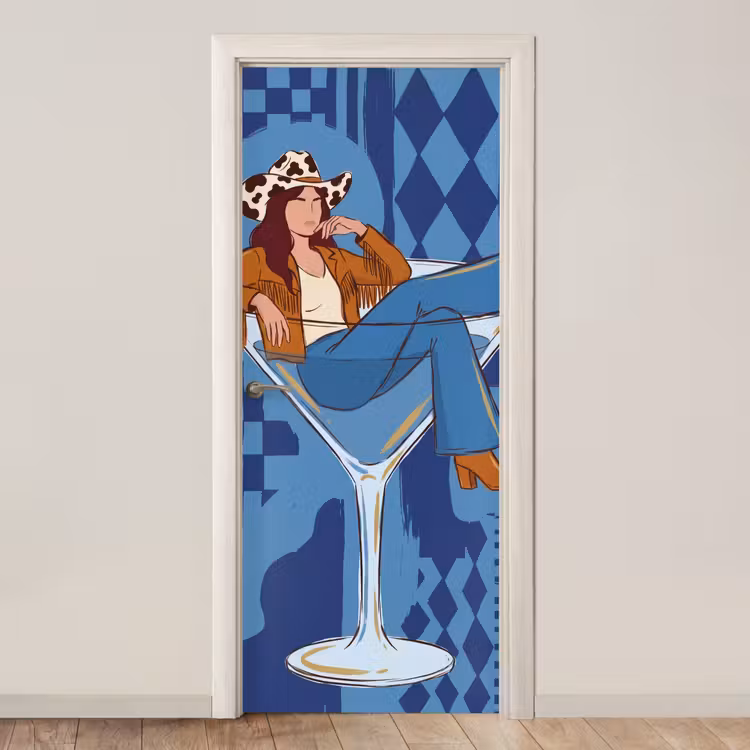 Vrouw - Martini glas - Abstract - Blauw - Kunst deurposter klein -3d_beige