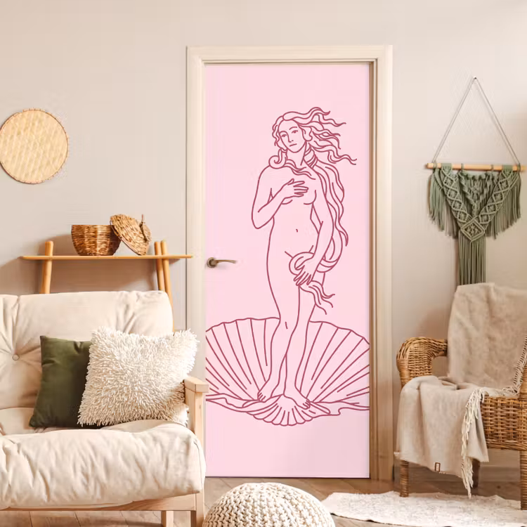 Vrouw - Schelp - Kunst - Lijntekening - Roze deurposter klein -sfeer2
