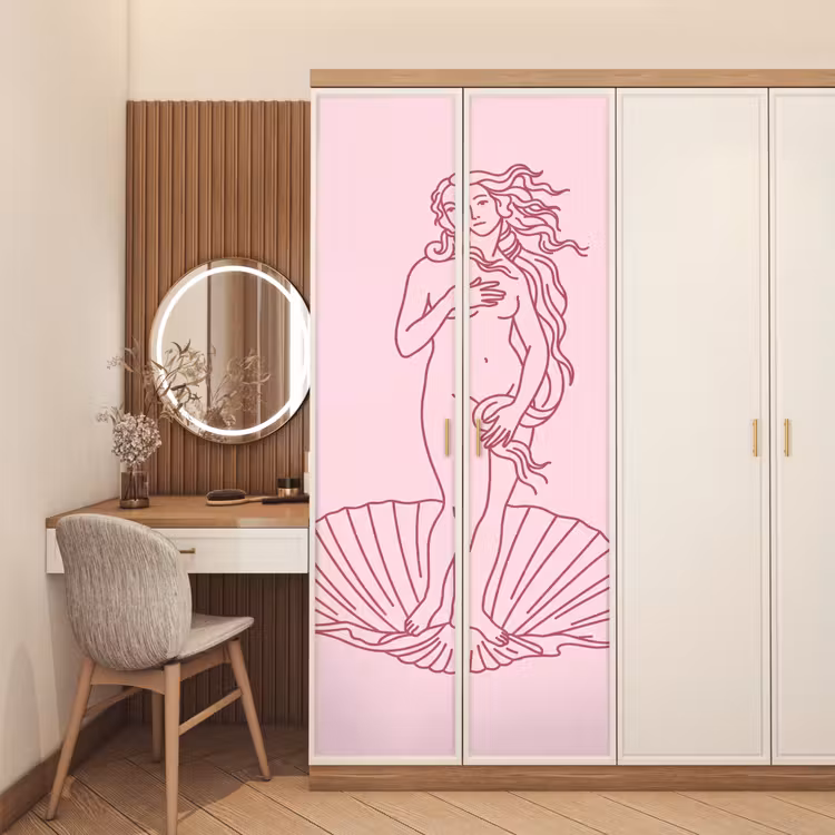 Vrouw - Schelp - Kunst - Lijntekening - Roze deurposter klein -sfeer3