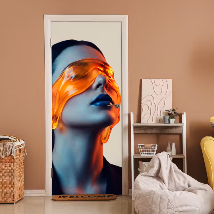 Vrouw - Oranje - Abstract - Modern - Kleurrijk deurposter klein -sfeer1