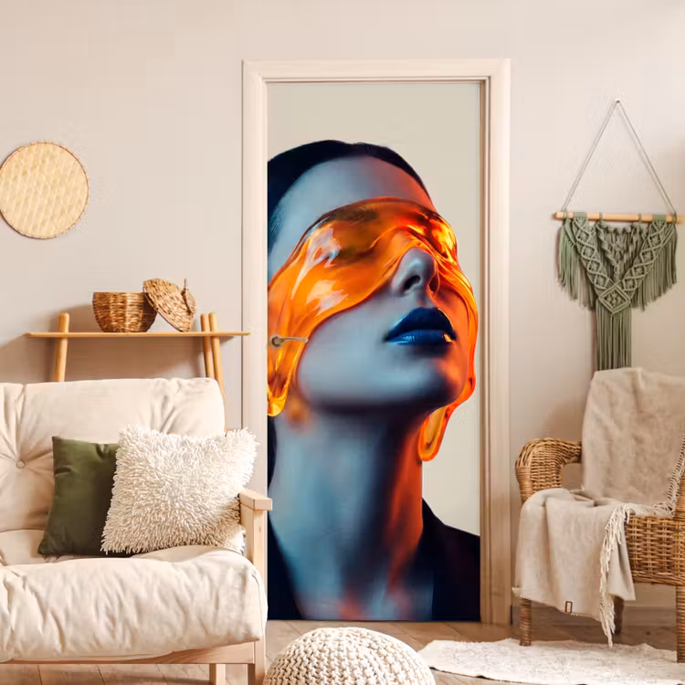 Vrouw - Oranje - Abstract - Modern - Kleurrijk deurposter klein -sfeer2