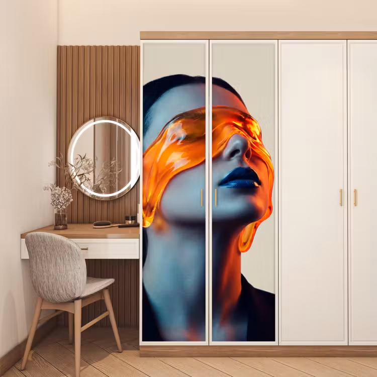 Vrouw - Oranje - Abstract - Modern - Kleurrijk deurposter klein -sfeer3