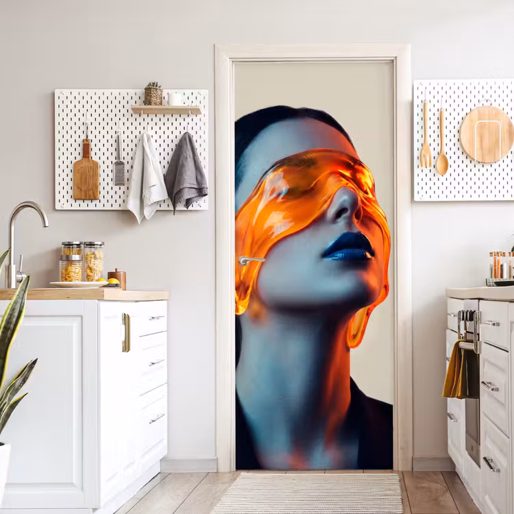 Vrouw - Oranje - Abstract - Modern - Kleurrijk deurposter klein -sfeer5