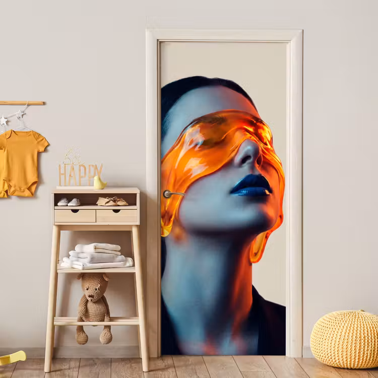 Vrouw - Oranje - Abstract - Modern - Kleurrijk deurposter klein -sfeer4