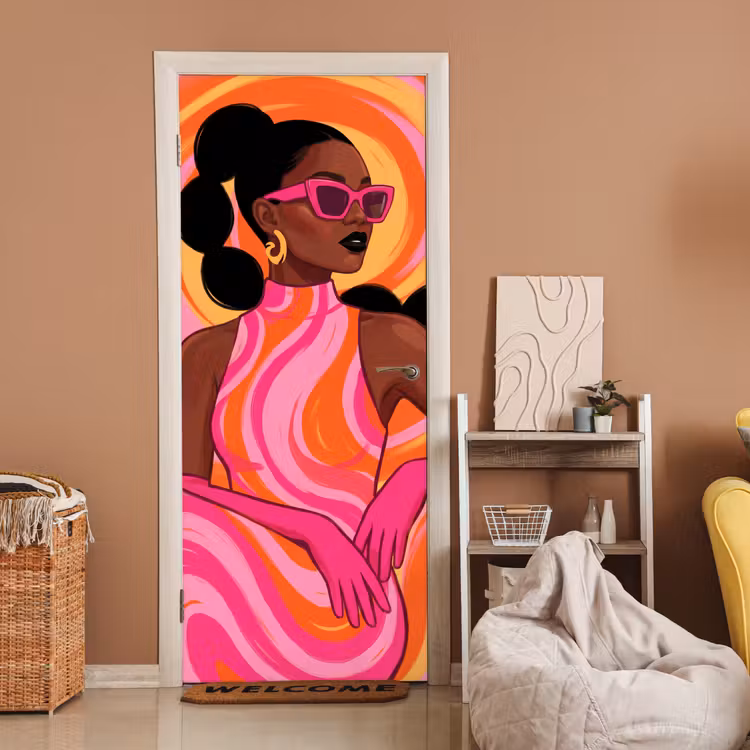 Vrouw - Portret - Kunst - Abstract - Roze deurposter klein -sfeer1