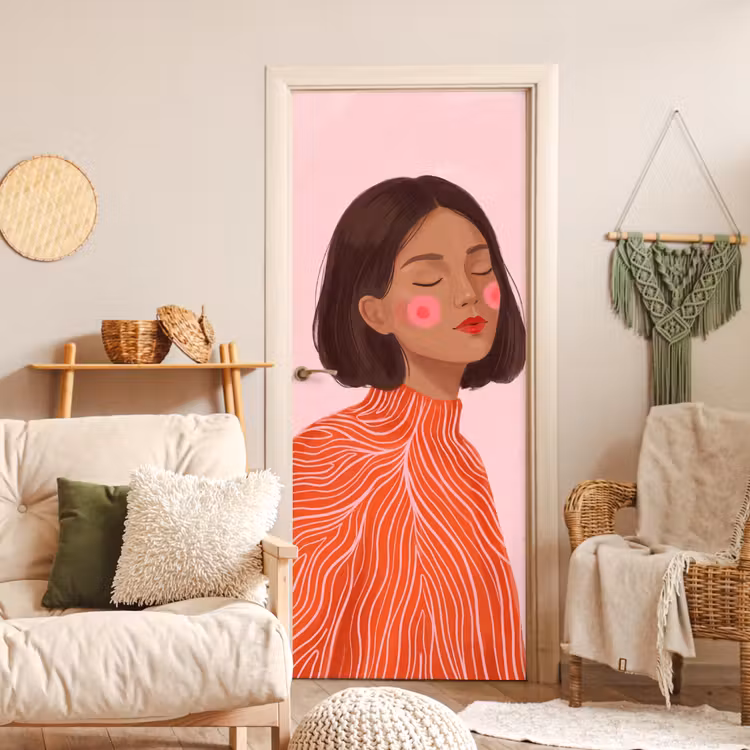 Vrouw - Portret - Modern - Kunst - Roze deurposter klein -sfeer2