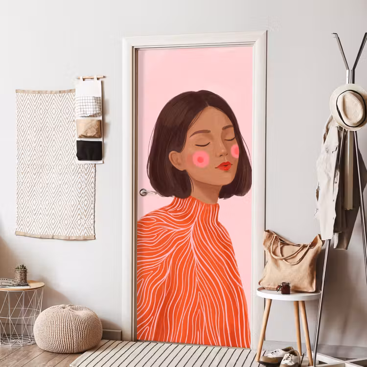 Vrouw - Portret - Modern - Kunst - Roze deurposter klein -sfeer6
