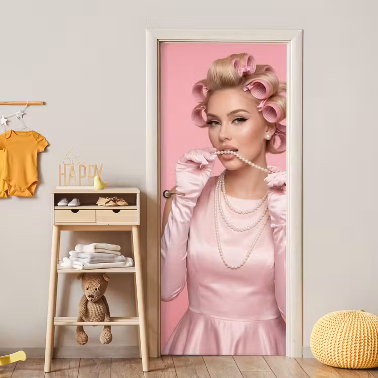 Vrouw - Roze - Parelketting - Krulspelden deurposter klein -sfeer4