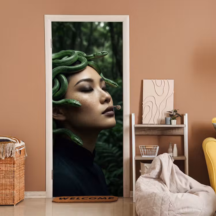 Vrouw - Slang - Natuur - Mystiek - Groen deurposter klein -sfeer1