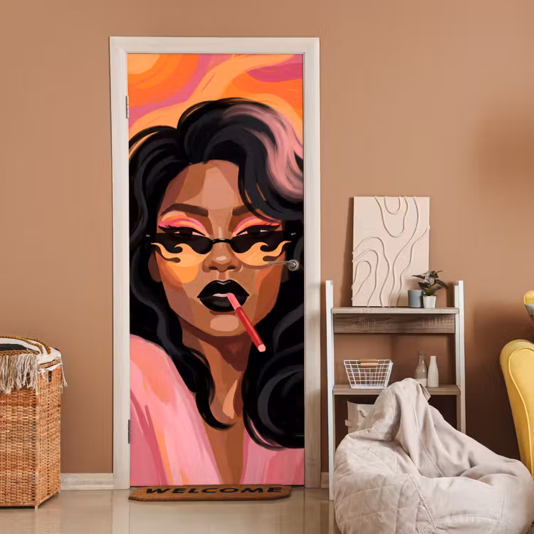 Vrouw - Zonnebril - Modern - Portret - Oranje deurposter klein -sfeer1