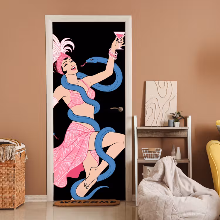 Vrouw - Danseres - Slangen - Art Deco - Roze deurposter klein -sfeer1