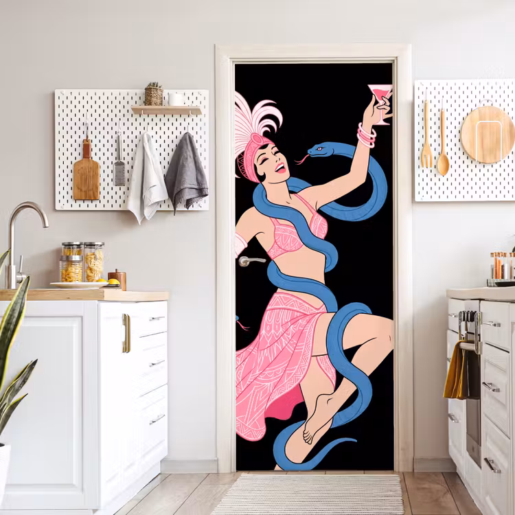 Vrouw - Danseres - Slangen - Art Deco - Roze deurposter klein -sfeer5